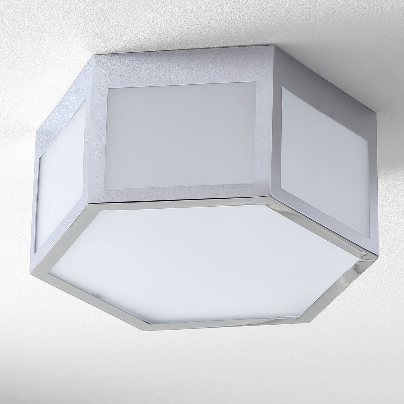 Alt View 4. Jonathan Y - Minimo 13" Hexagon Metal/Frosted Glass LED Flush Mount, Chrome - Chrome.