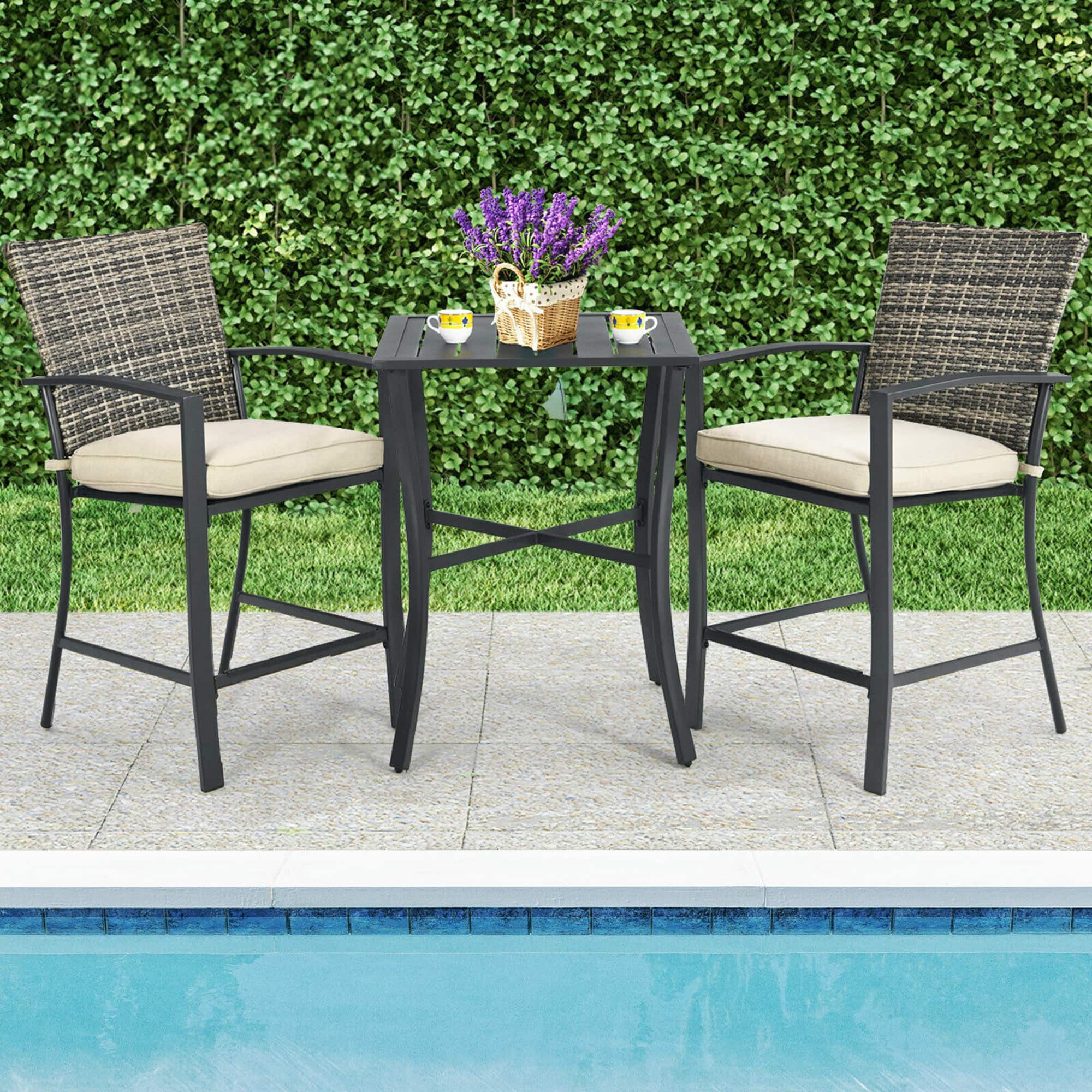 Gymax - 3PCS Patio Metal Bar Set Outdoor Conversation Furniture Set w/ Cushions - Gray