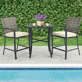 Gymax - 3PCS Patio Metal Bar Set Outdoor Conversation Furniture Set w/ Cushions - Gray