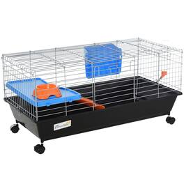 Pawhut - 35"L Small Animal Cage, Rolling Bunny Cage, Food Dish, Water Bottle, Hay Feeder, Platform, Ramp, Chinchilla