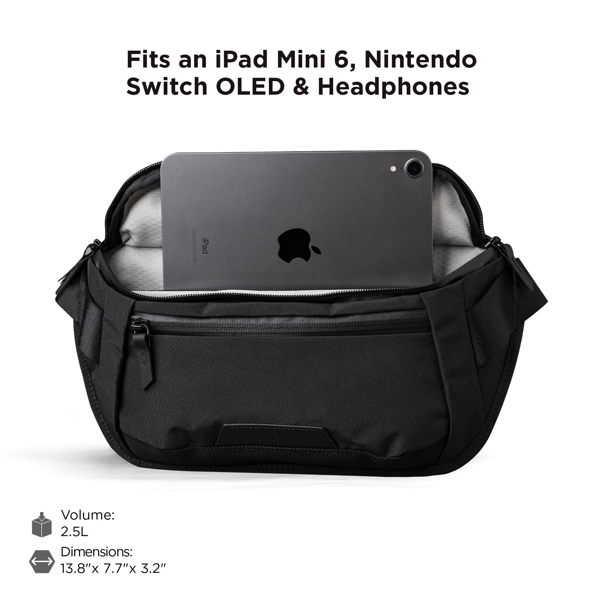 Fits an iPad Mini 6, Nintendo Switch OLED & Headphones

Volume: 2.5L

Dimensions: 13.8" x 7.7" x 3.2"