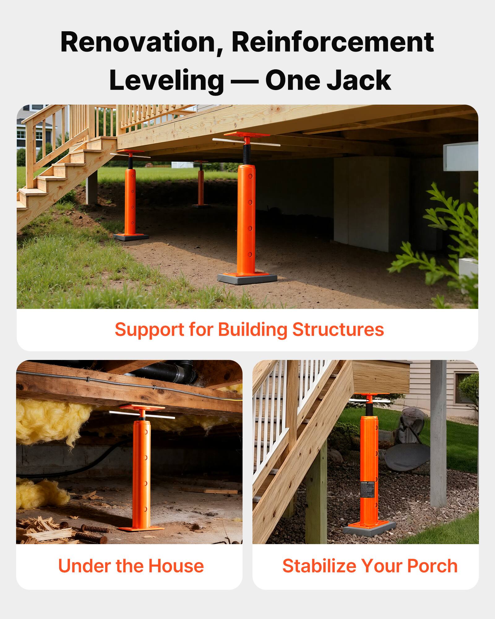 Renovation, Reinforcement Leveling — One Jack

Support for Building Structures

Under the House

Stabilize Your Porch