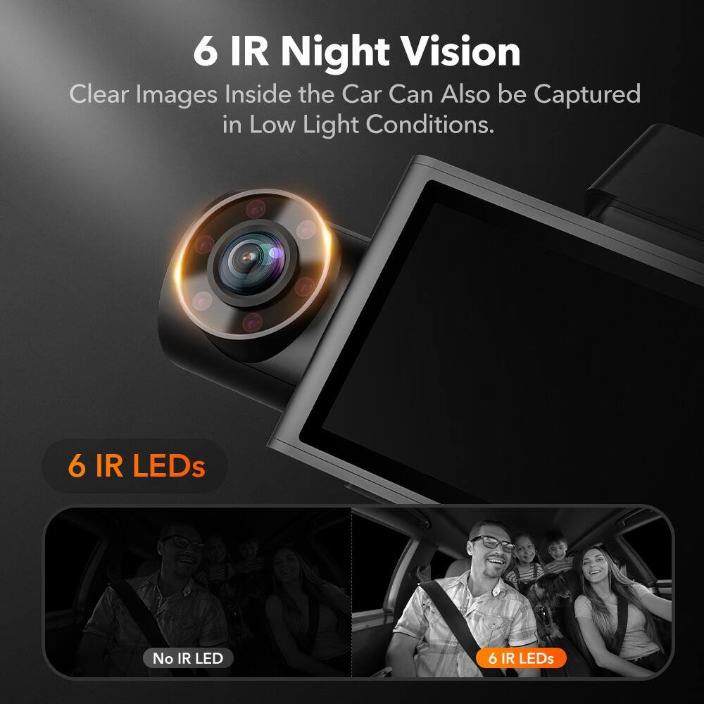 6 IR Night Vision  
Clear Images Inside the Car Can Also be Captured in Low Light Conditions.

6 IR LEDs

No IR LED

6 IR LEDs