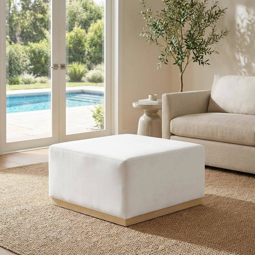 Left. Outdoor Escape - Square Performance Velvet Ottoman in Neutral Fabric for Outdoor Lounge - Gray.