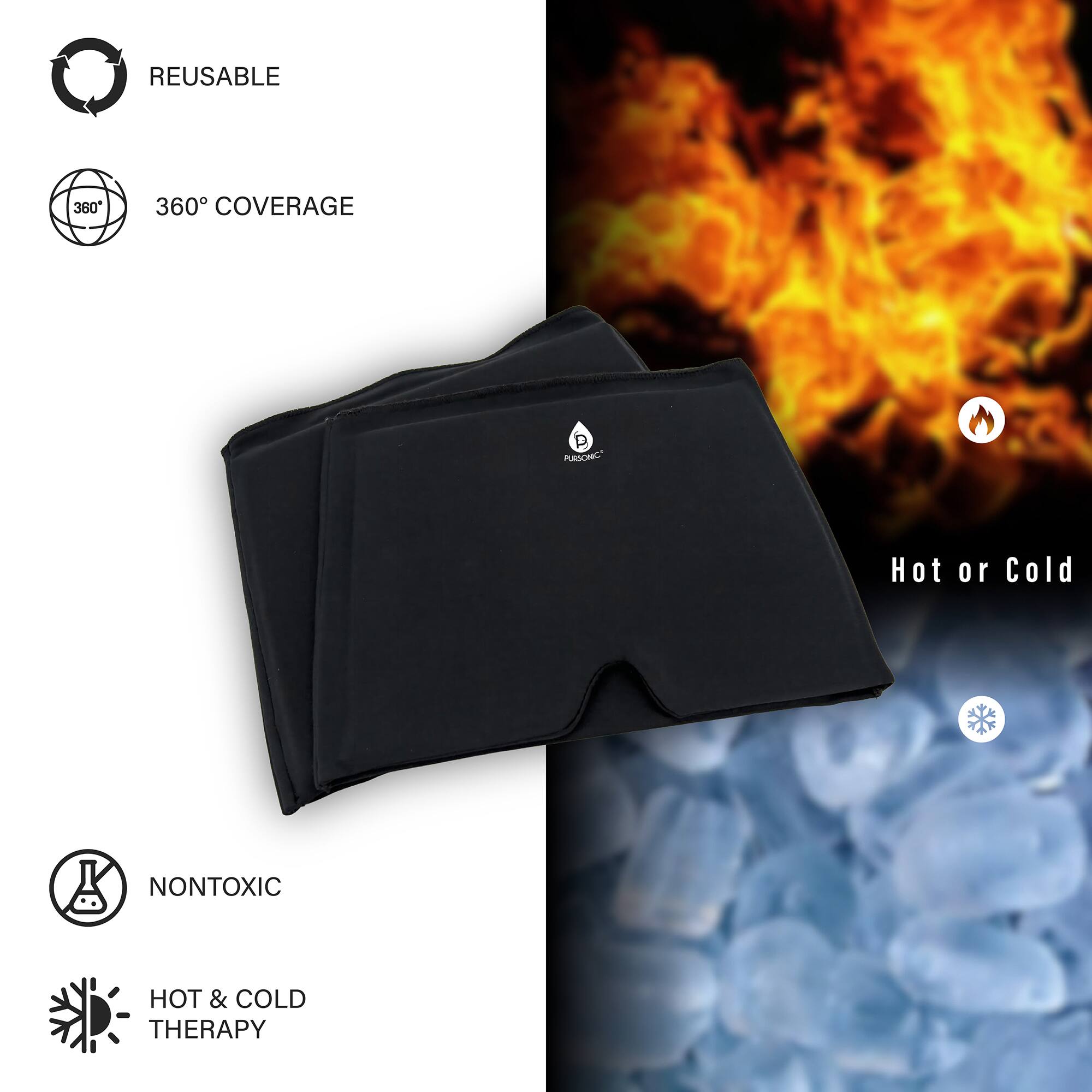 - REUSABLE
- 360° COVERAGE
- NONTOXIC
- HOT & COLD THERAPY
- Hot or Cold