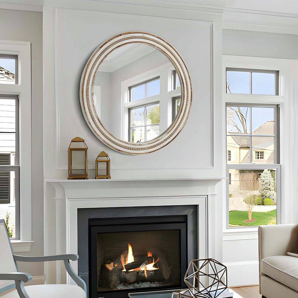 Alt View 4. Kadyn - 23.62" Round Wooden Beaded Mirror, Rustic Style Decorative Wall Mirror for Home Office, Antique Natural.