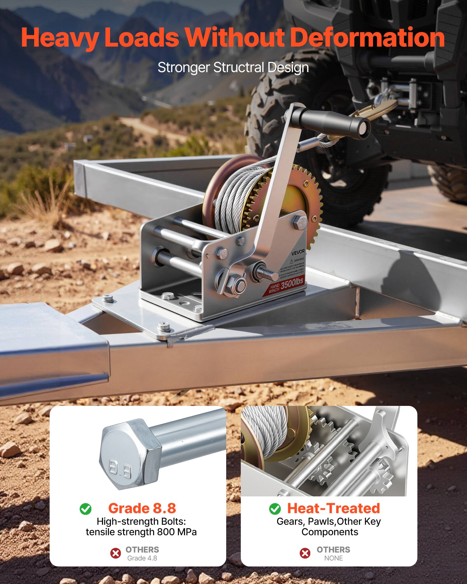 Heavy Loads Without Deformation  
Stronger Structural Design  

VEVOR 4 CAPP nN - ANO 3500lbs  

Grade 8.8 High-strength Bolts: tensile strength 800 MPa  
Heat-Treated Gears, Pawls, Other Key Components  

OTHERS x Grade 4.8  
OTHERS x NONE