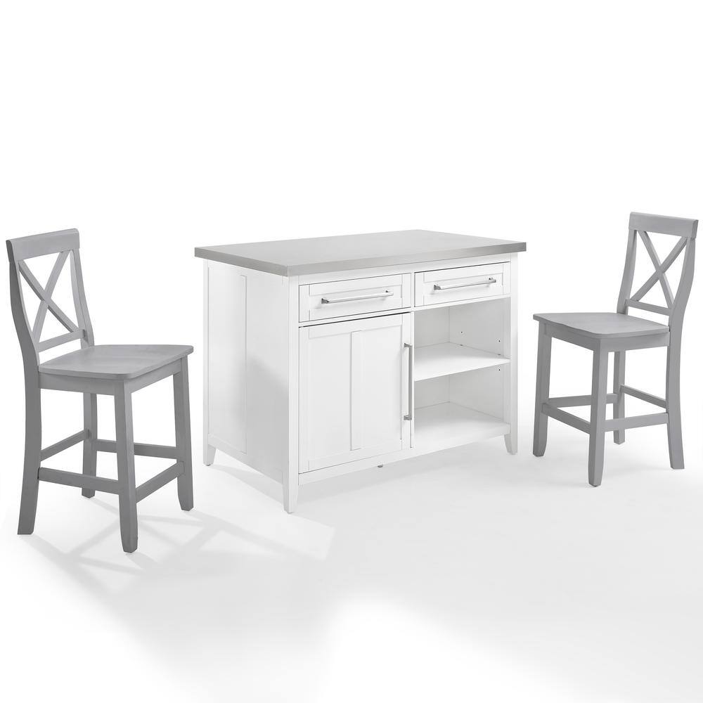 Alt View 4. Crosley Furniture - Silvia Stainless Steel Top Kitchen Island W/X-Back Stools - White.