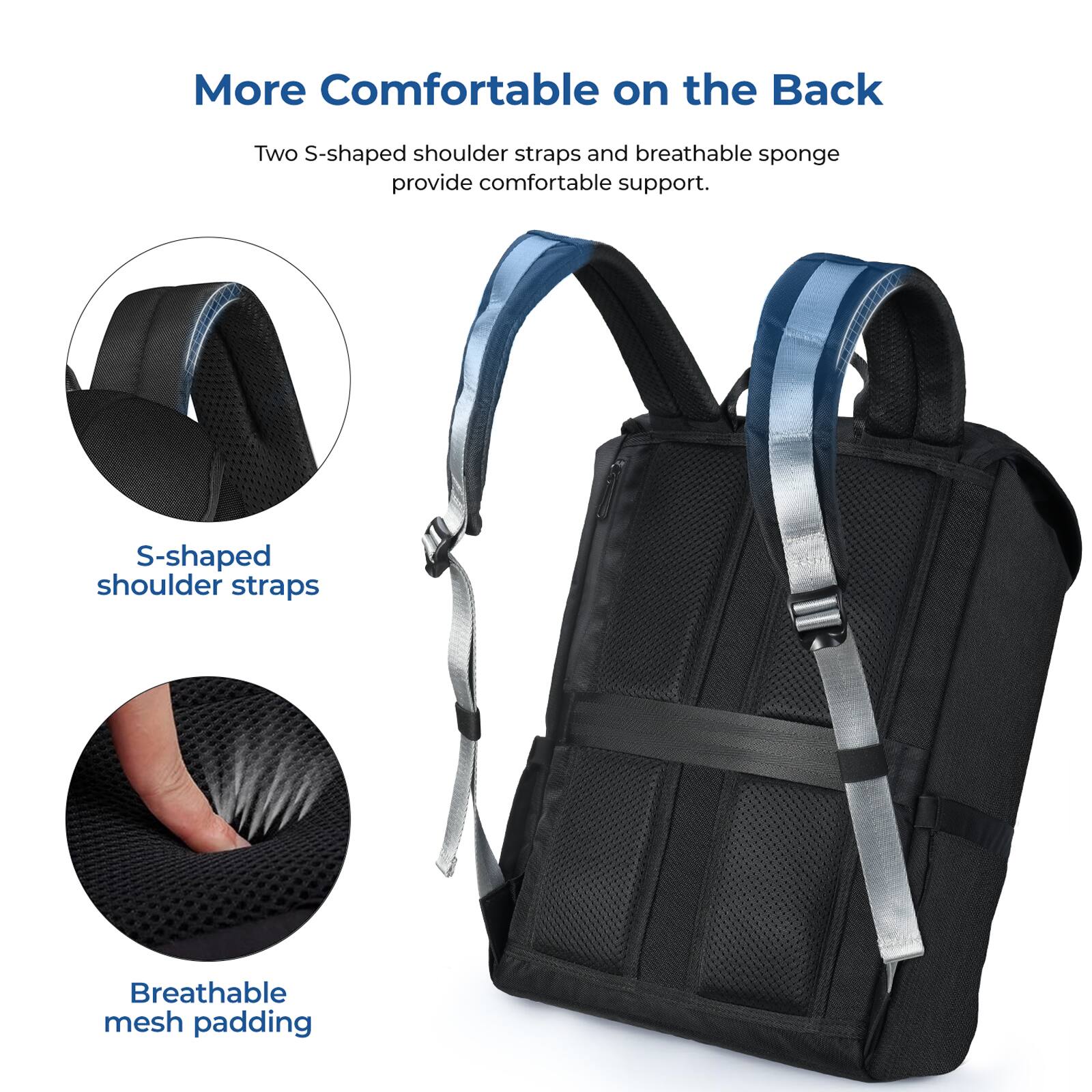 More Comfortable on the Back

Two S-shaped shoulder straps and breathable sponge provide comfortable support.

- S-shaped shoulder straps
- Breathable mesh padding