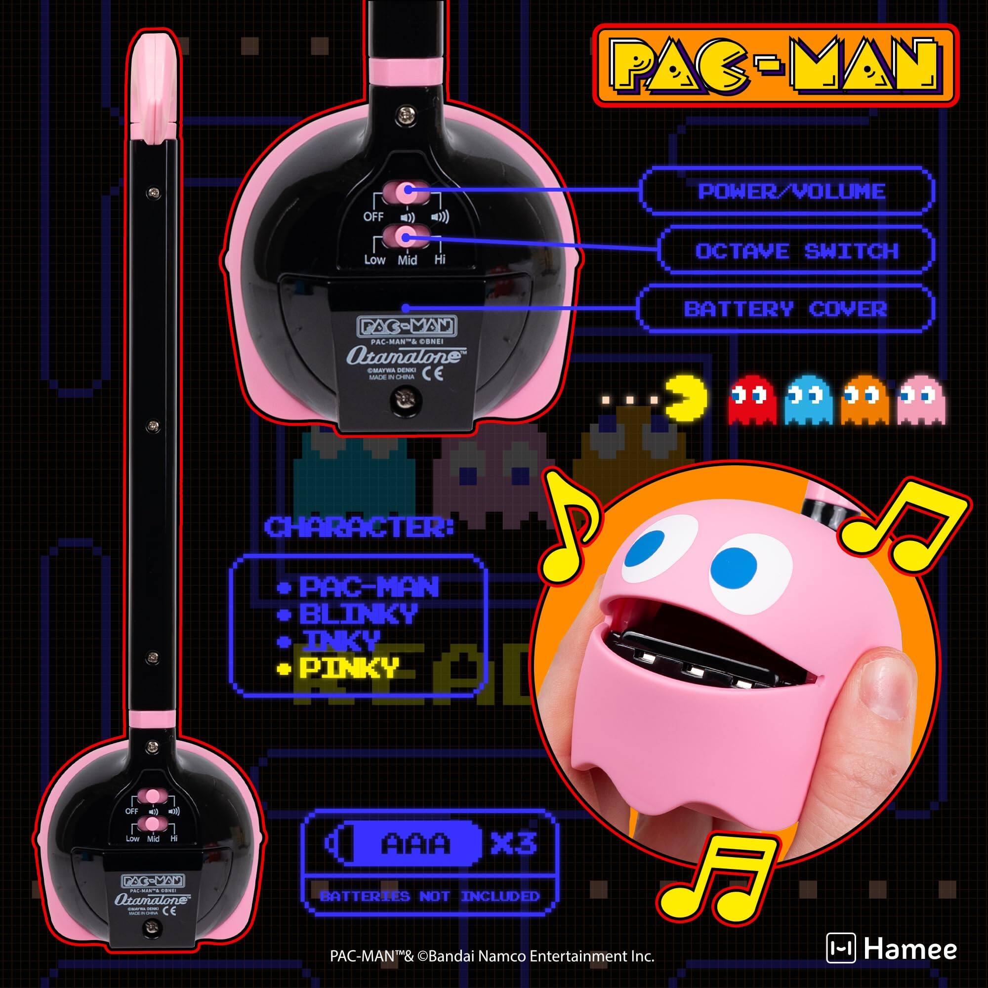 PAC-MAN OFF )) w) POWER/VOLUME Low Mid Hi OCTAVE SWITCH FAC-MAN PAL-MAN-A PAL DONE Atamalone CEEE - MALE -e i CE BATTERY COVER CHARACTER: PAC-MAN BLINKY INKY PINOL PINKY LEE o al - AAA x3 F22 ! Utamatone | CE BATTERIES NOT INCLUDED PAC-MAN& Bandai Namco Entertainment Inc. -| Hamee