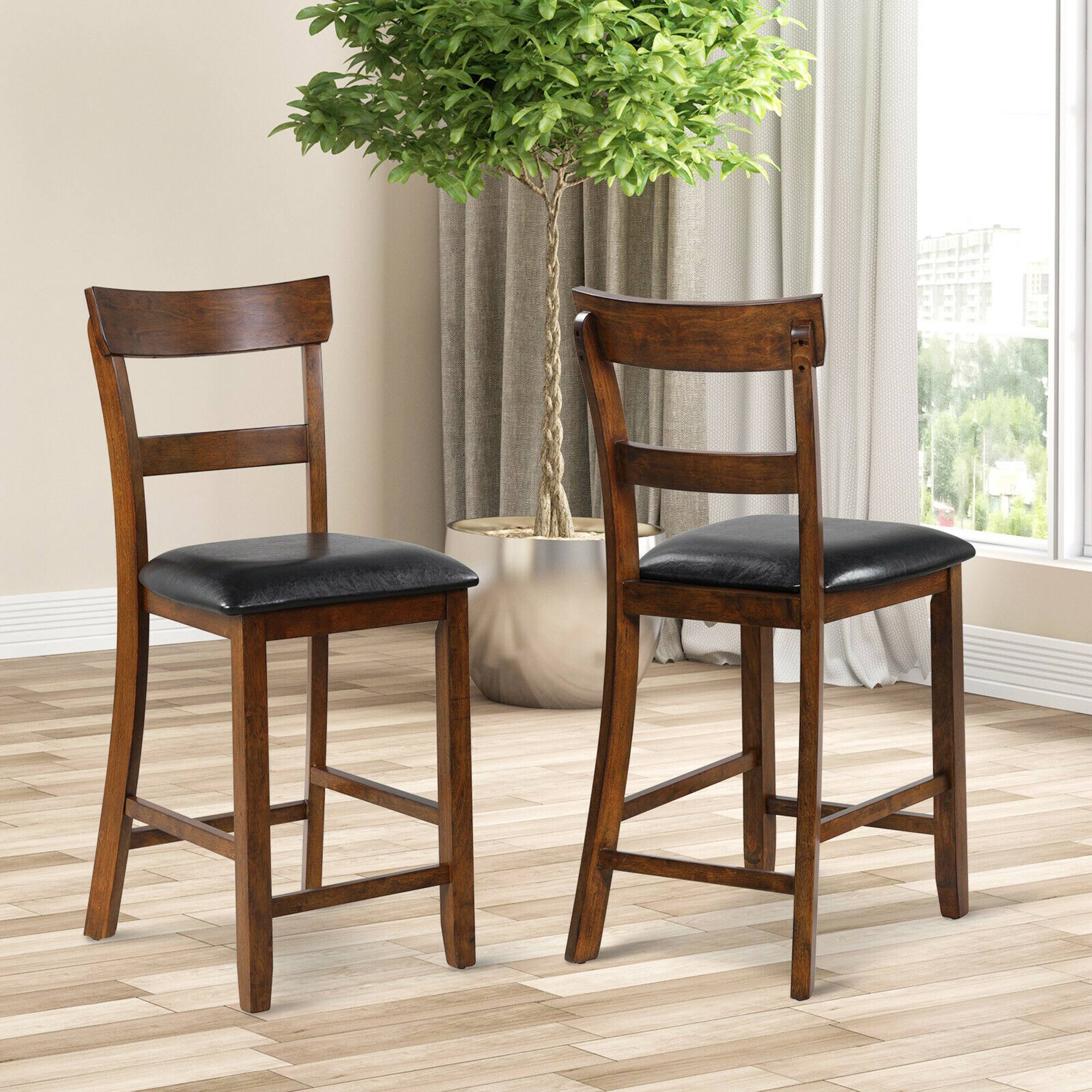 Alt View 1. Costway - Costway Set of 2 Barstools Counter Height Chairs w/Leather Seat & Rubber Wood Legs - Brown,Black.