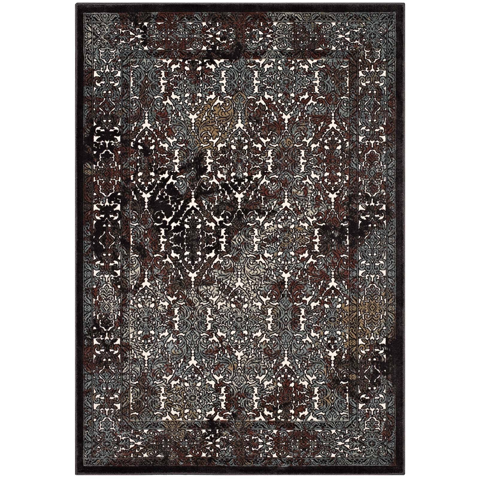 Angle. Modway - Westia Ornate Turkish Vintage Area Rug - Dark Brown and Silver Blue.