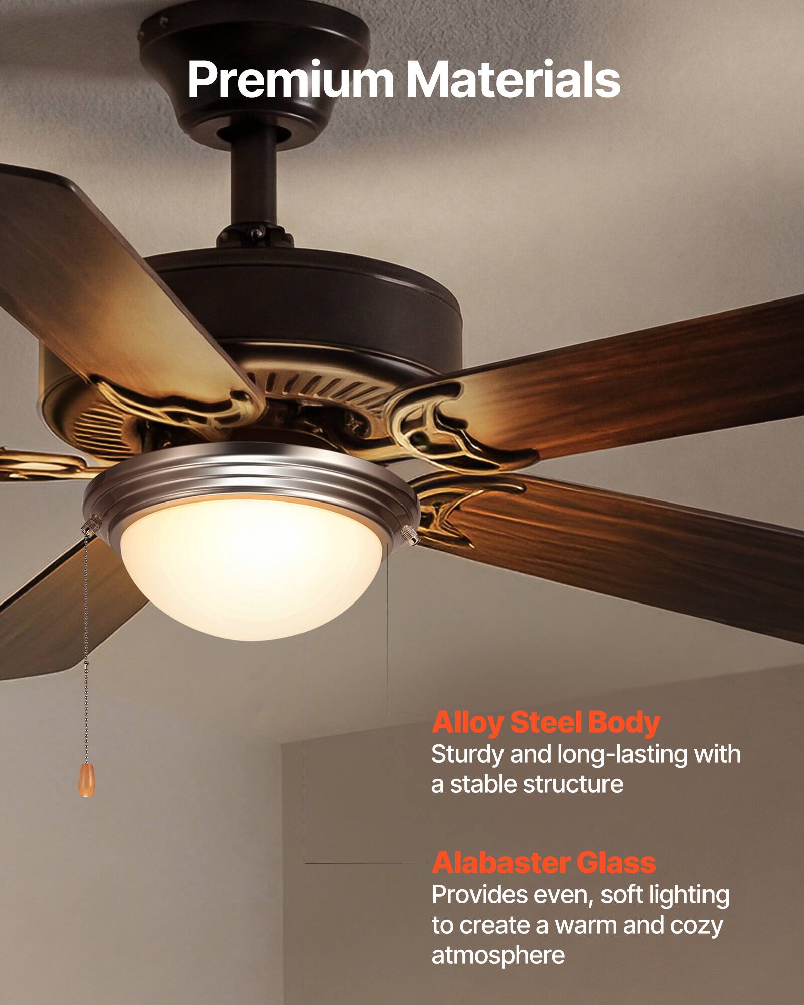 Premium Materials

Alloy Steel Body  
Sturdy and long-lasting with a stable structure

Alabaster Glass  
Provides even, soft lighting to create a warm and cozy atmosphere