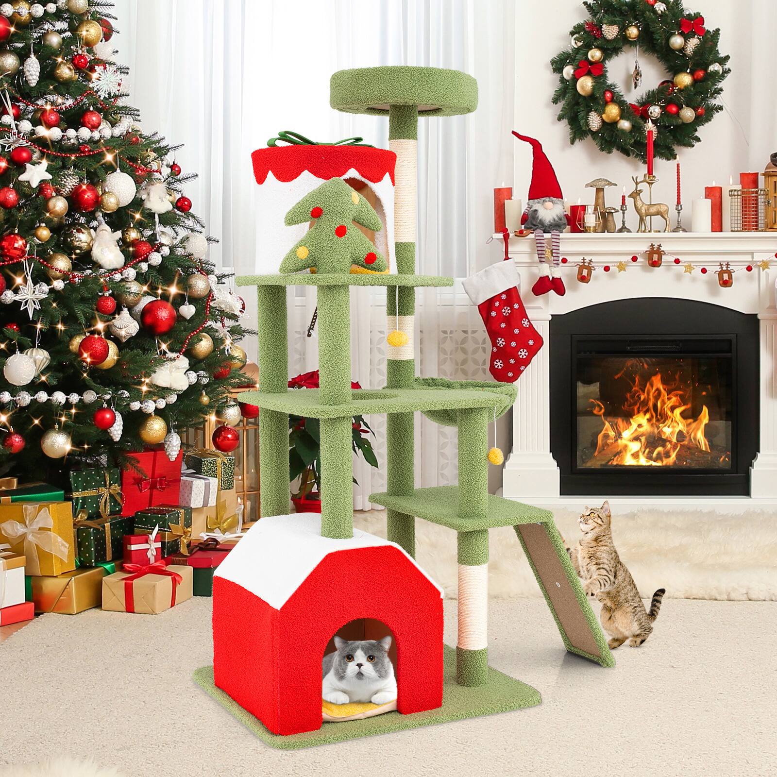 Alt View 3. Costway - Costway 61" Tall Christmas Cat Tower w/ Sisal Scratching Posts Pet Furniture for Indoor Kittens - Green,Red,Yellow,White.