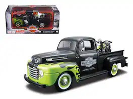 1948 Ford F-1 Pickup Truck Harley Davidson & 1948 Harley Davidson FL Panhead Motorcycle Black & Green 1/24 Models Maisto