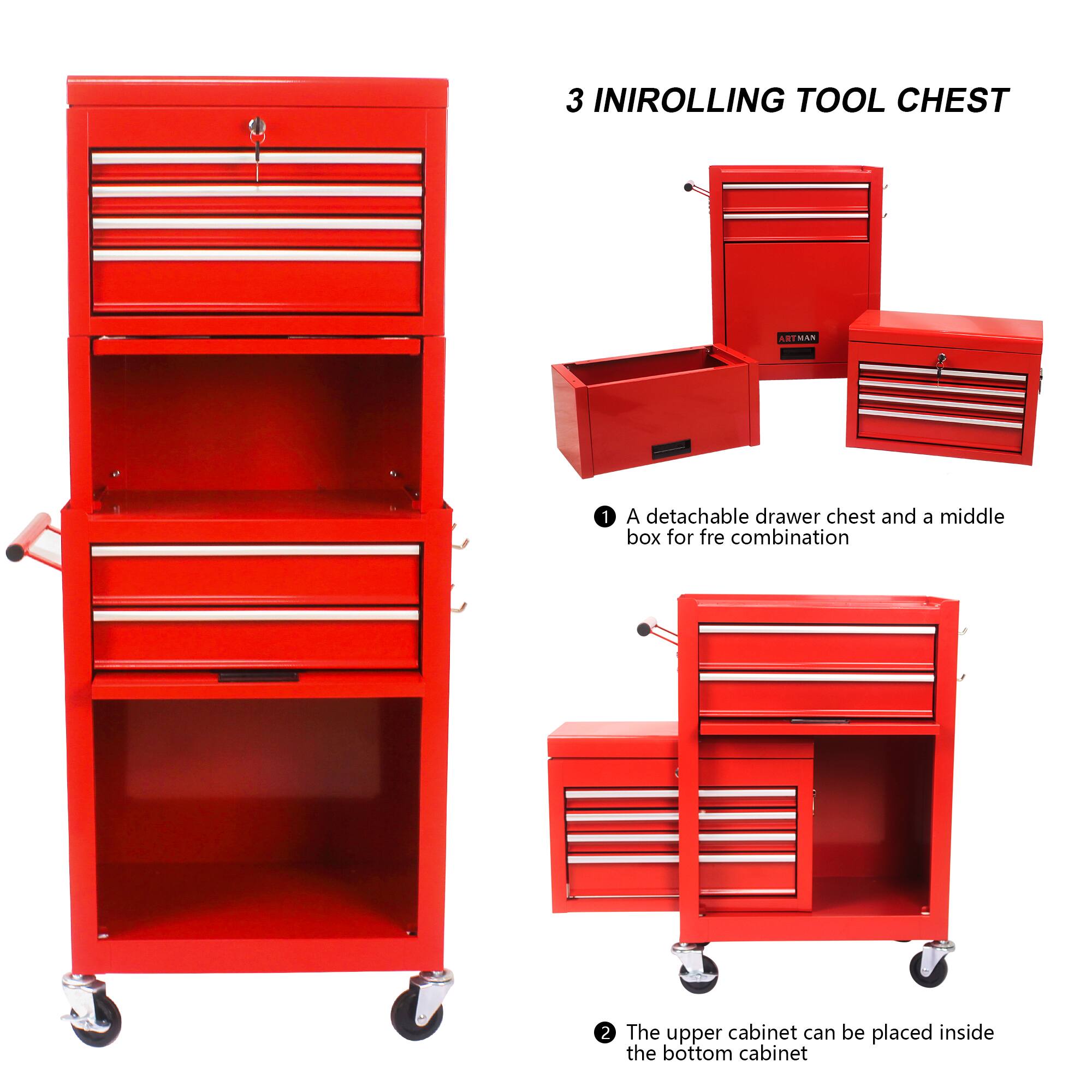 3 INIROLLING TOOL CHEST

1. A detachable drawer chest and a middle box for fre combination
2. The upper cabinet can be placed inside the bottom cabinet