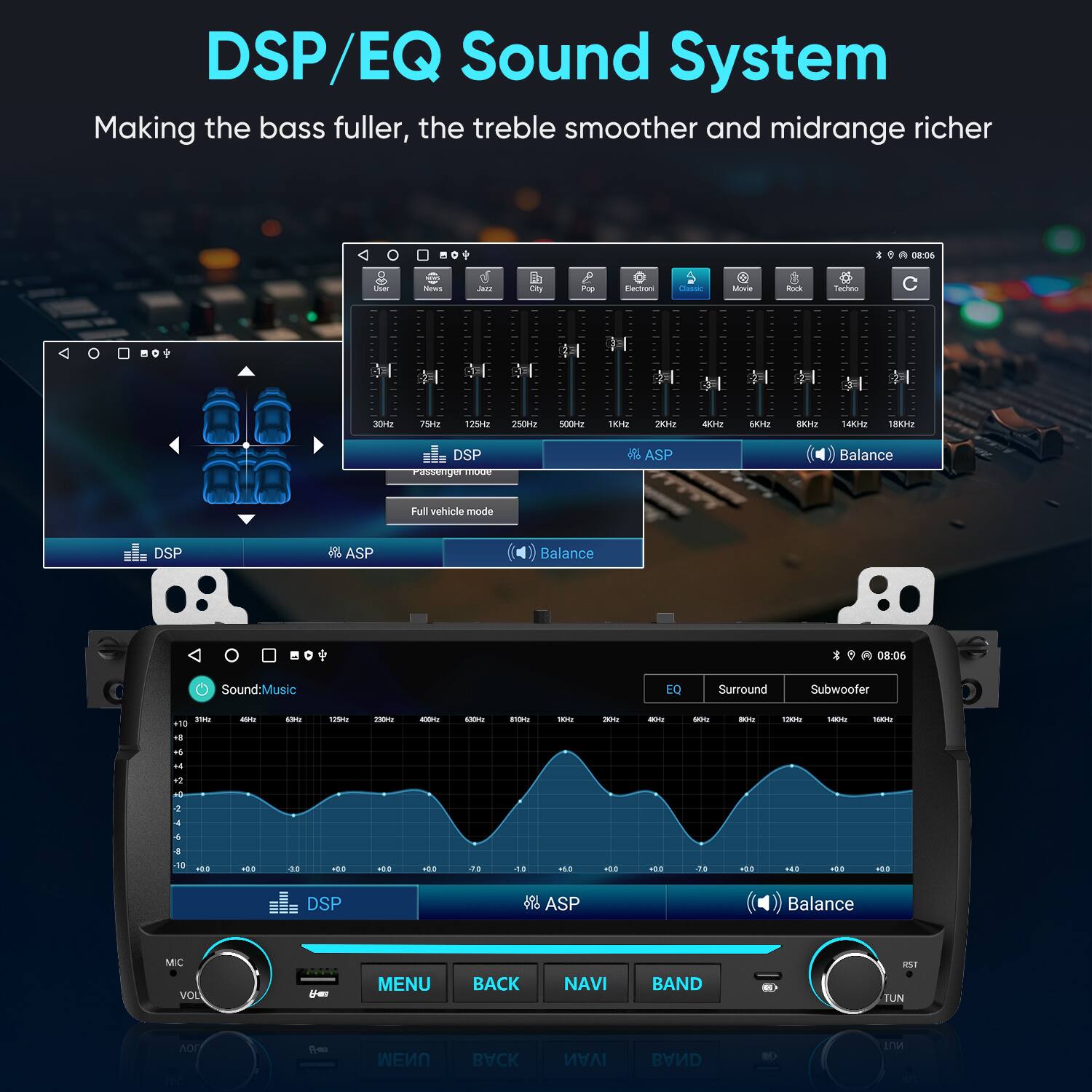 DSP/EQ Sound System  
Making the bass fuller, the treble smoother and midrange richer

- News
- Jazz
- City
- Pop
- Electron
- Classic
- Movie
- Rock
- Techno

30Hz
75Hz
125Hz
250Hz
500Hz
1KHz
2KHz
4KHz
6KHz
8KHz
14KHz
18KHz

DSP
ASP
Balance
Full vehicle mode

Sound: Music
EQ
Surround
Subwoofer

THE +10
45kg
63Hz
129c
230
400Ht

IIO:
100g
2804z
40
90c
80g
130c
1404z
160c
+8
+6
+4
+2
H 2
4

8 10
+00
+0.1
20
+0.0

0.0+

-1.0
+60
+00
+0.0
7