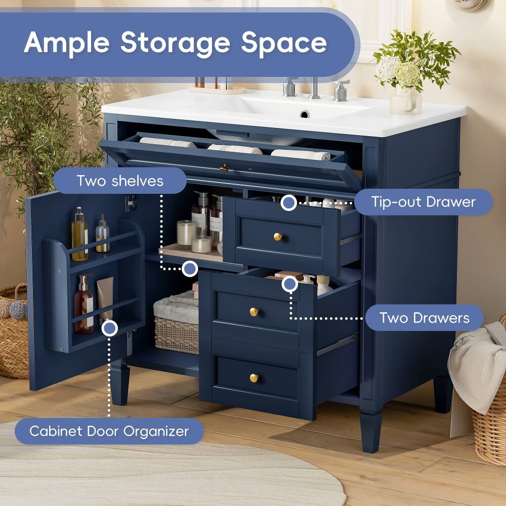Ample Storage Space  
- Two shelves  
- Tip-out Drawer  
- Two Drawers  
- Cabinet Door Organizer