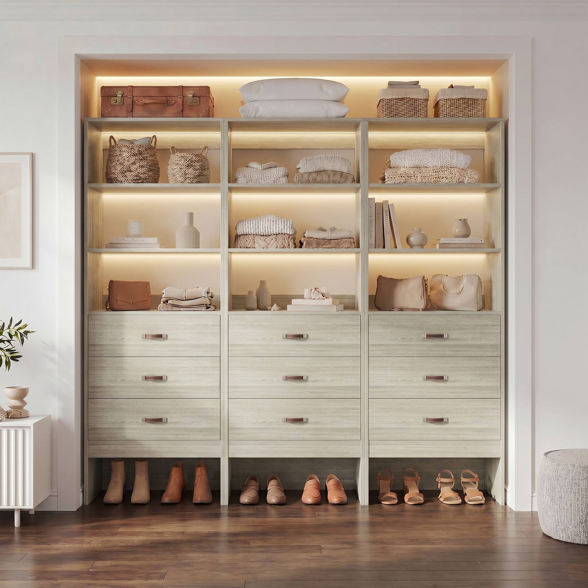 Angle. Aheaplus - 4FT Walk-in Closet Organizer System Set of 2, with 6 Wooden Drawers and Adjustable Shelves - Beige Oak.