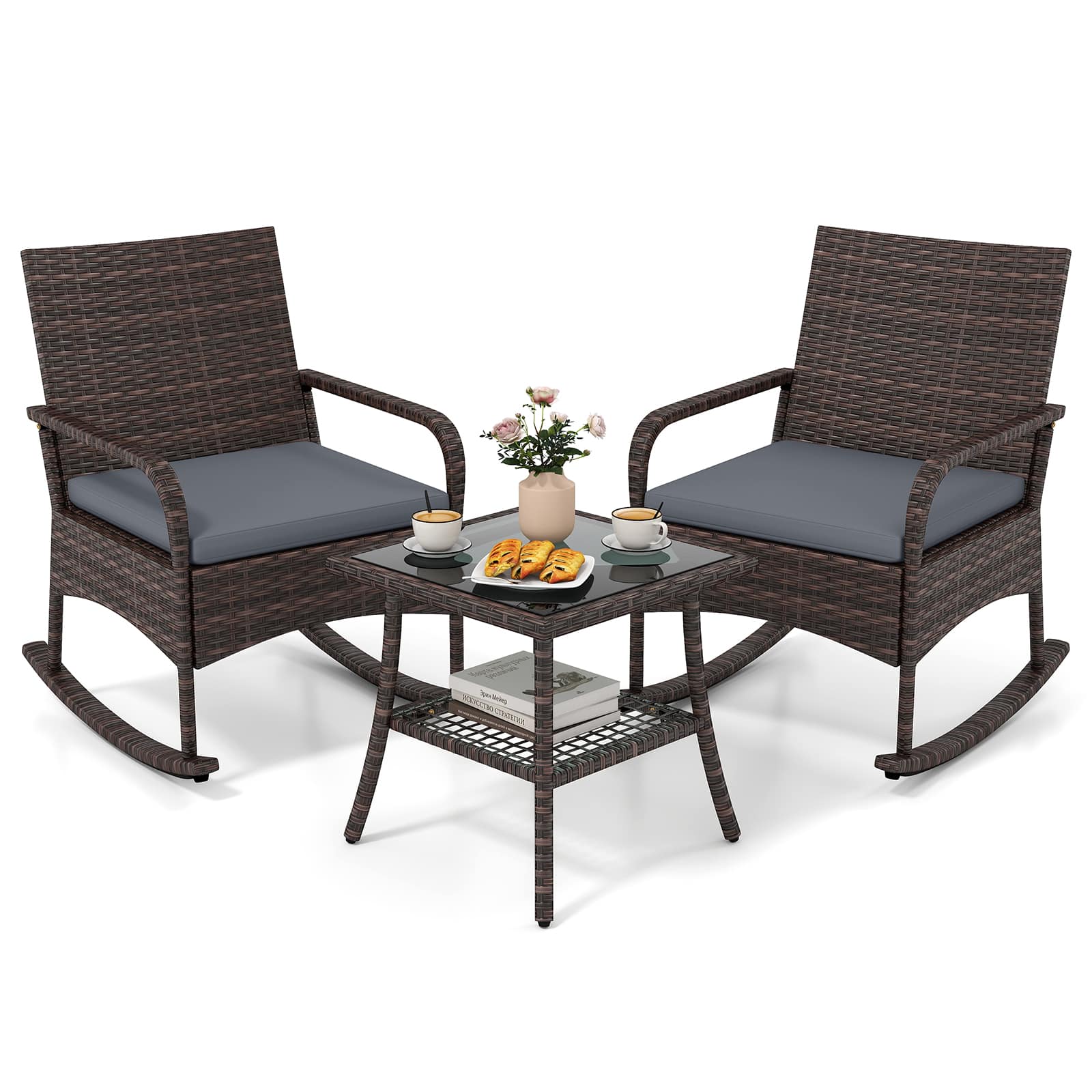 Costway - 3 PCS PE Wicker Rocking Bistro Set with 2-Tier Side Table, Cushions & Armchairs - Mix Brown+Gray