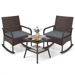 Costway - 3 PCS PE Wicker Rocking Bistro Set with 2-Tier Side Table, Cushions & Armchairs - Mix Brown+Gray