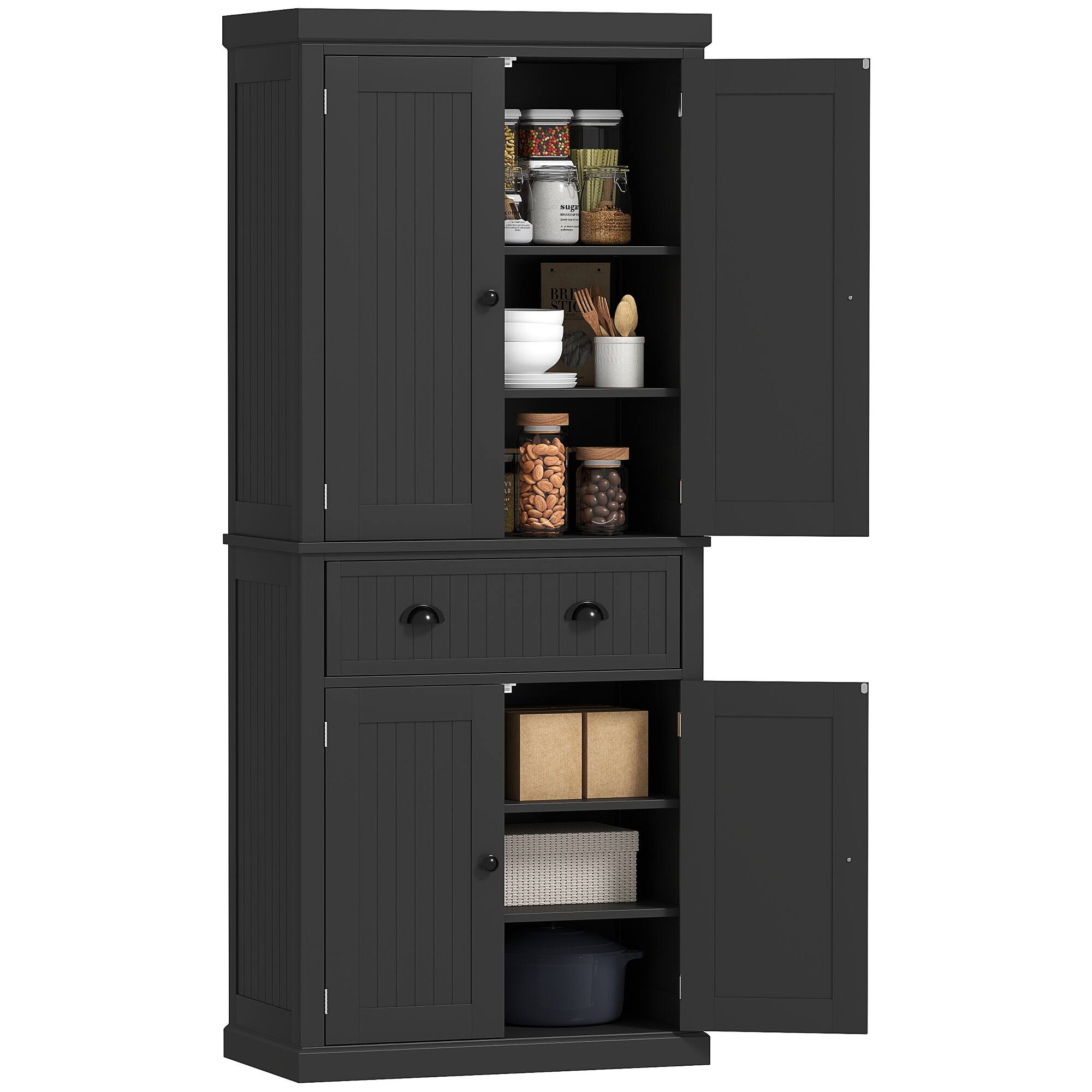 Front. Homcom - 72" Kitchen Pantry Cabinet, Freestanding Storage Cabinet with 4 Doors, Drawer and 3 Adjustable Shelves for Dining Room - Black.