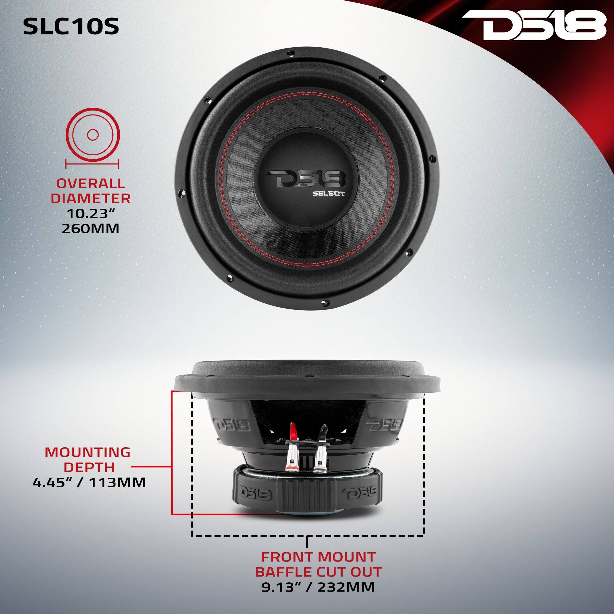 SLC10S  
D518  
OVERALL DIAMETER 10.23" / 260MM  
DEE SELECT  
15  
TEL  
MOUNTING DEPTH 4.45" / 113MM  
158  
DEL  
FRONT MOUNT BAFFLE CUT OUT 9.13" / 232MM