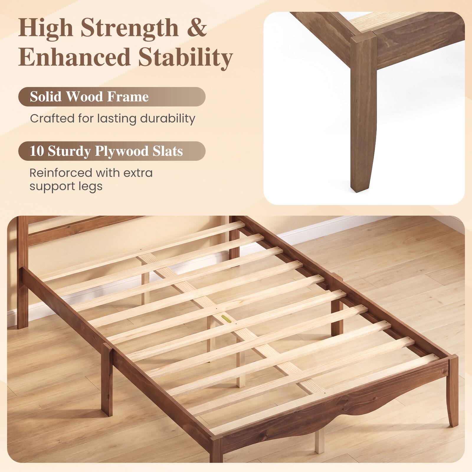 High Strength & Enhanced Stability

Solid Wood Frame
Crafted for lasting durability

10 Sturdy Plywood Slats
Reinforced with extra support legs