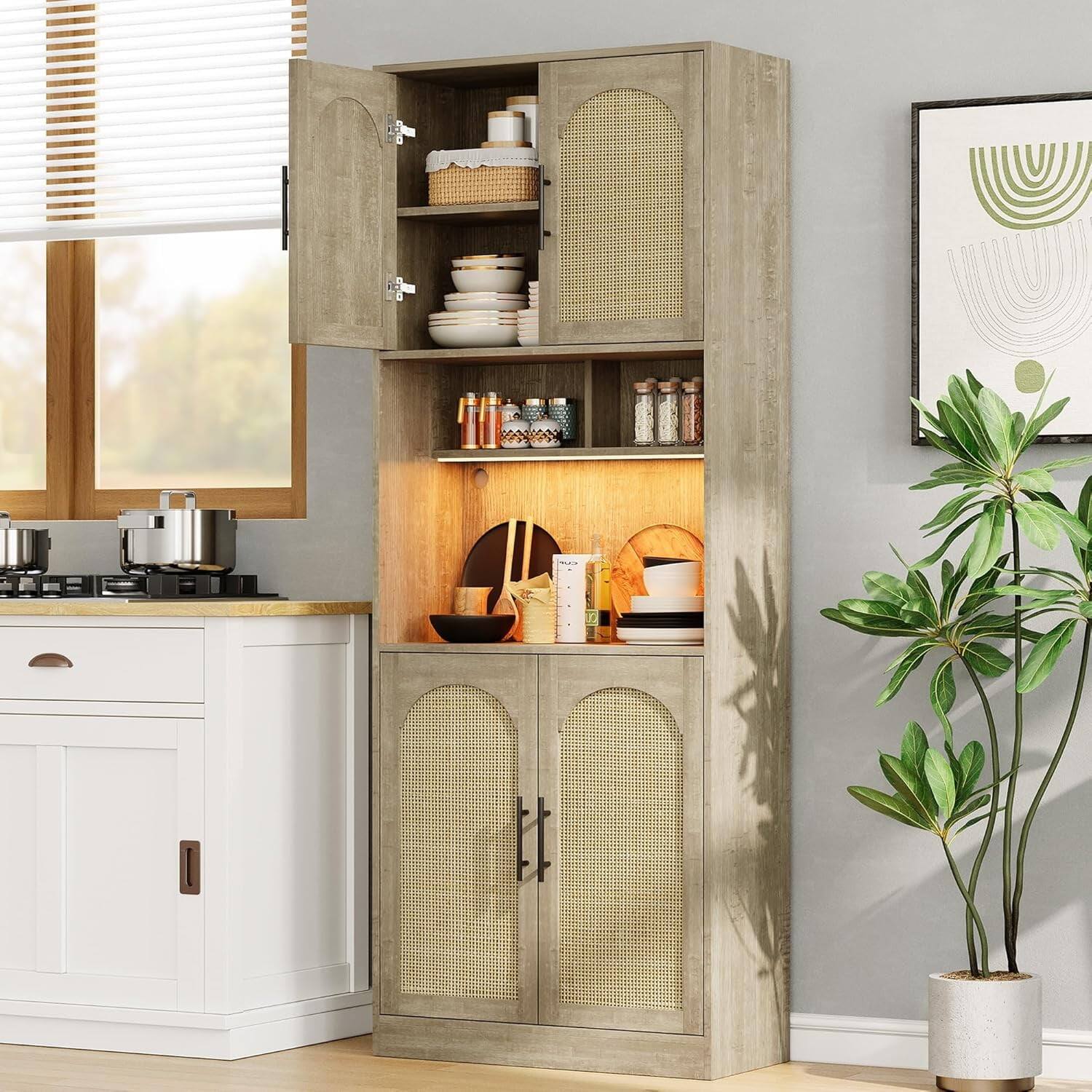 Back. GARVEE - Oak 71-Inch Pantry Cabinet, Freestanding Kitchen Hutch with Microwave Shelf and LED Lights, Stylish Storage - Oak.