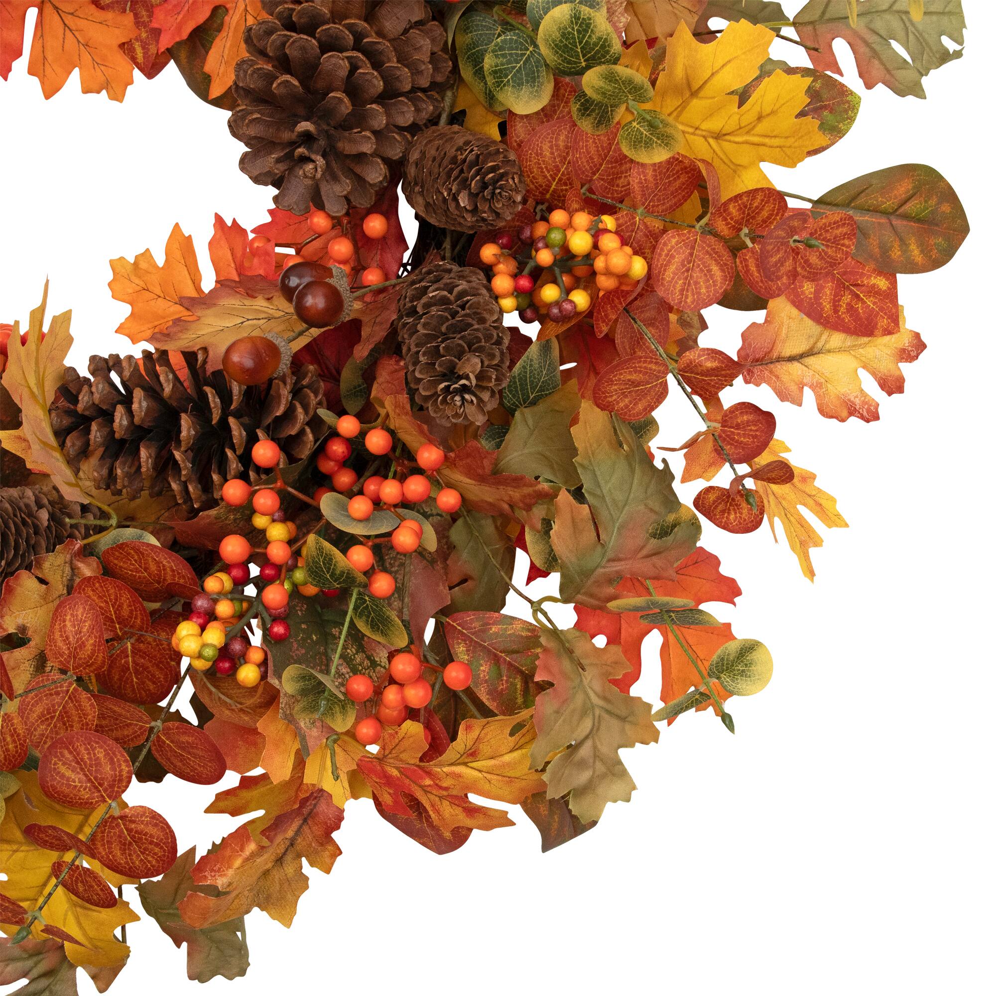 Alt View 5. Northlight - Eucalyptus, Maple Leaves and Acorns Artificial Fall Harvest Wreath - 30" - Orange.