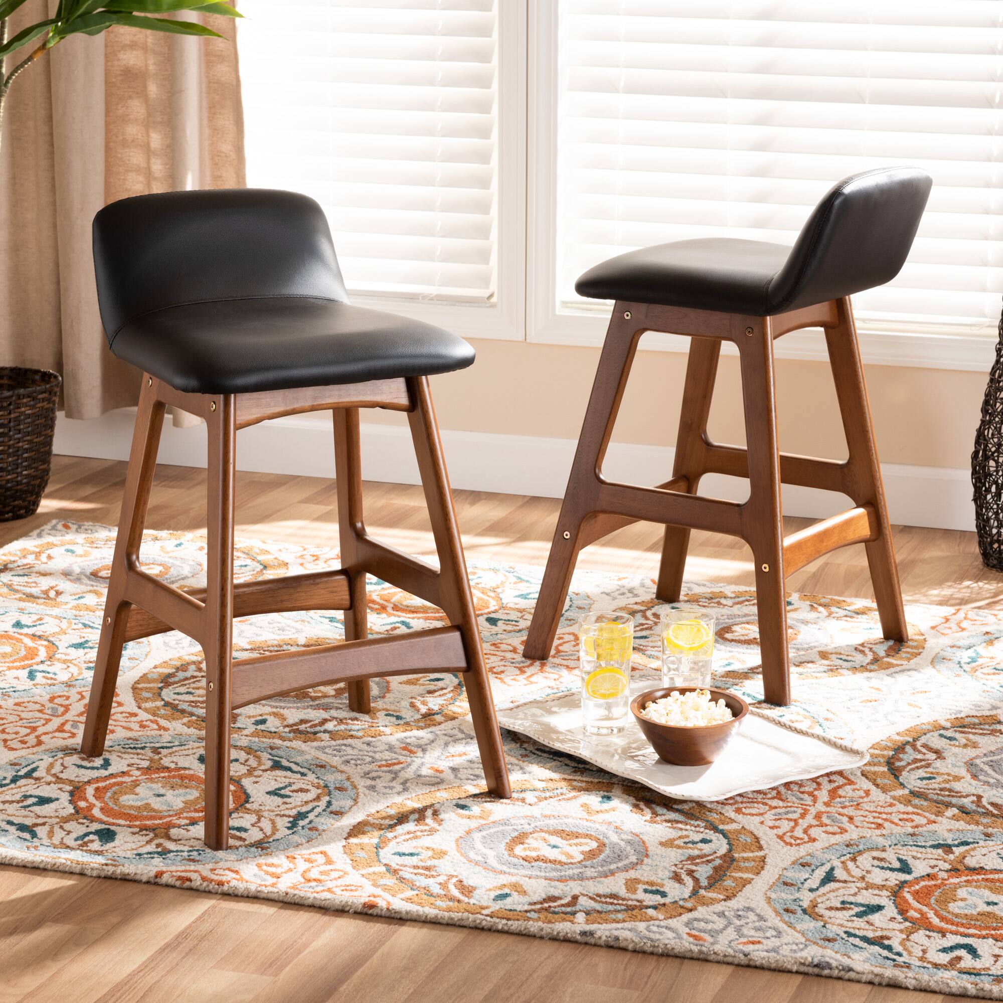 Alt View 2. Baxton Studio - Darrin Mid-Century Modern Faux Leather Upholstered and Walnut Finished Wood 2-Piece Counter Stool Set - Black/Walnut Brown.
