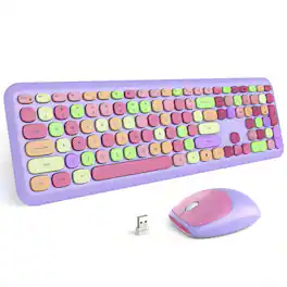 PRIMEPLUS - Keyboard Mouse Combo Wireless 2.4G Mixed Color 110 Key Keyboard Mouse Set with Round Punk Keycaps - Purple