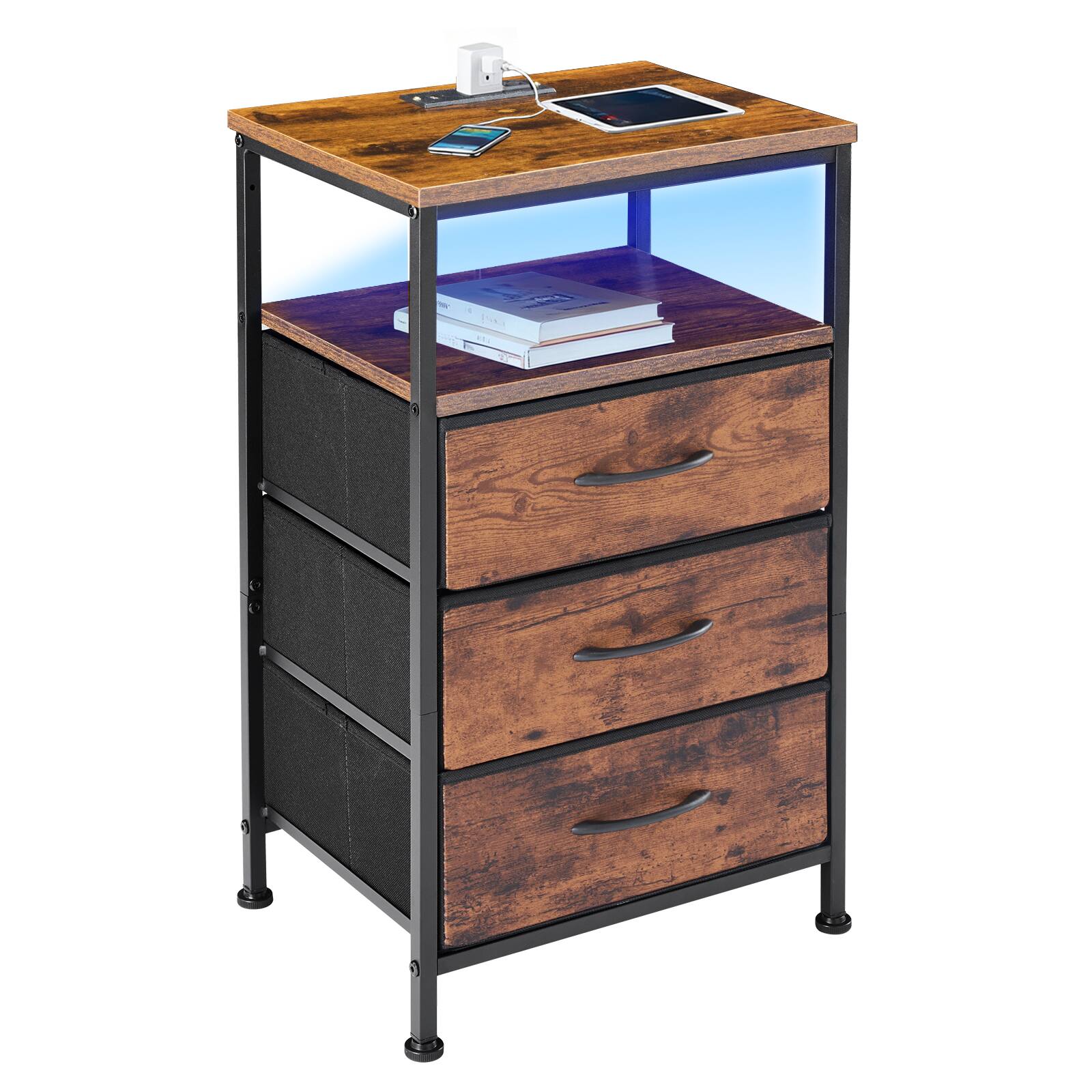 Angle. AENKYO - Nightstand Bedside End Table with Charging Station and 3 Fabric Drawers - Brown.