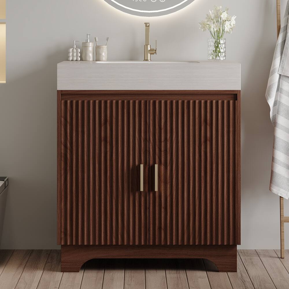 Angle. Loheer - Loheer 30 inch freestanding bathroom vanity with seamless ceramic sink and sintered stone countertop - Brown, Stone Gray.