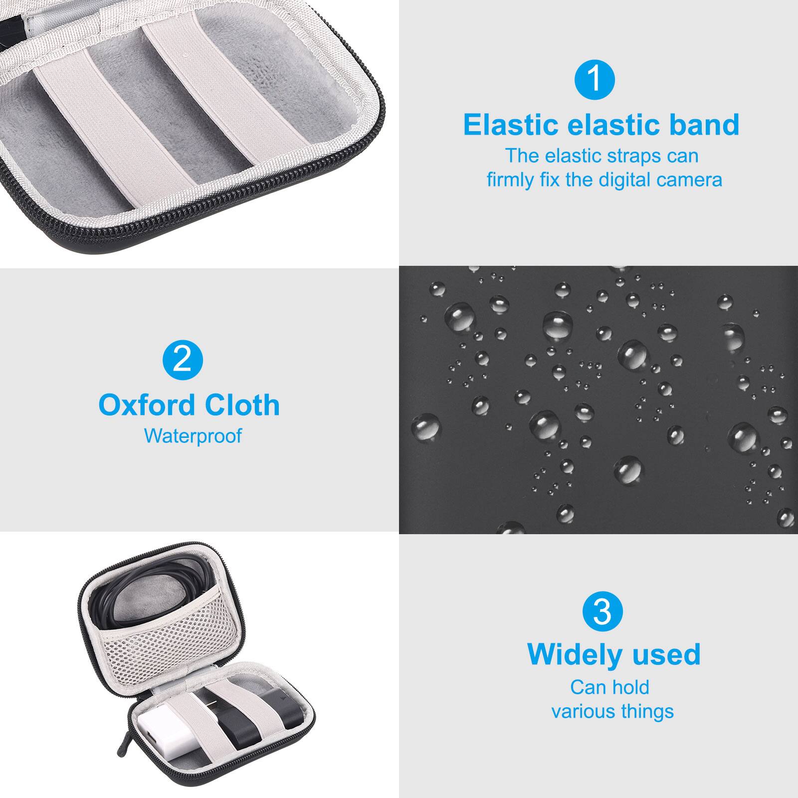 1. Elastic elastic band  
   The elastic straps can firmly fix the digital camera

2. Oxford Cloth  
   Waterproof

3. Widely used  
   Can hold various things