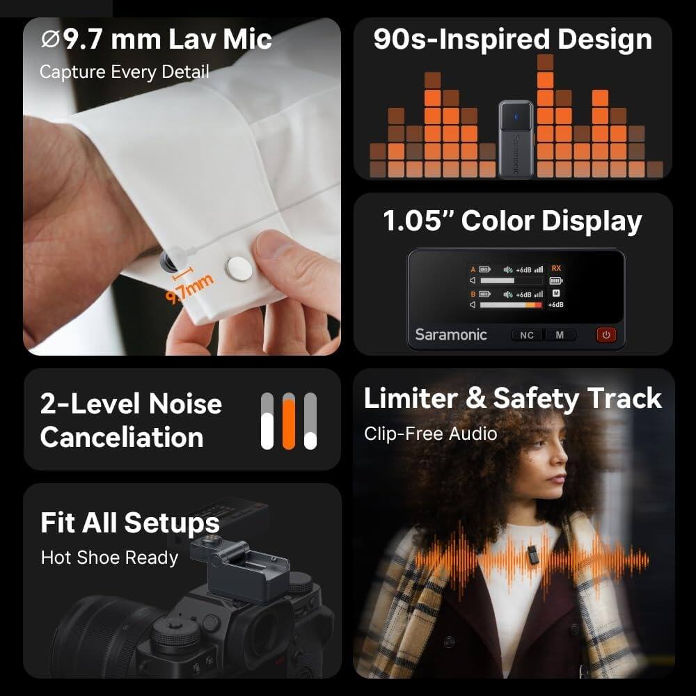 Sure, here is the corrected and grouped text from the image:

---

**9.7 mm Lav Mic**  
Capture Every Detail

**90s-Inspired Design**

**1.05" Color Display**

**2-Level Noise Cancellation**

**Limiter & Safety Track**  
Clip-Free Audio

**Fit All Setups**  
Hot Shoe Ready

---

This text is organized to reflect the features and design elements of the product as shown in the image.