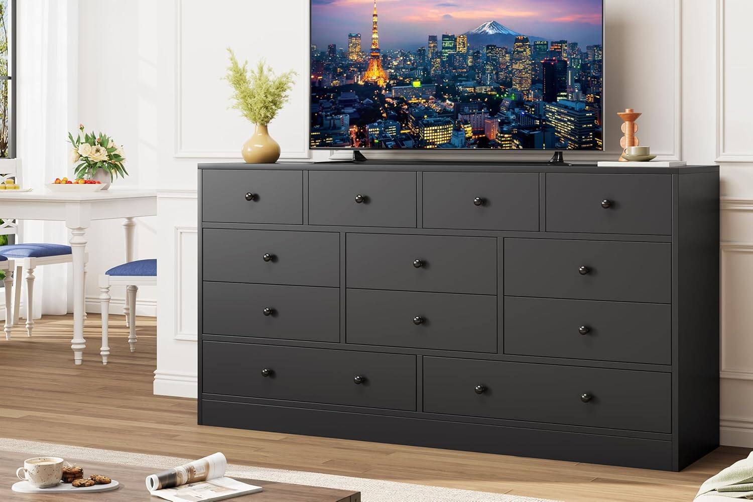 Alt View 5. Jojoka - 12 Drawer Dresser with Power Outlet, 61 Inch Wide Wood Chest of Drawers - Black.