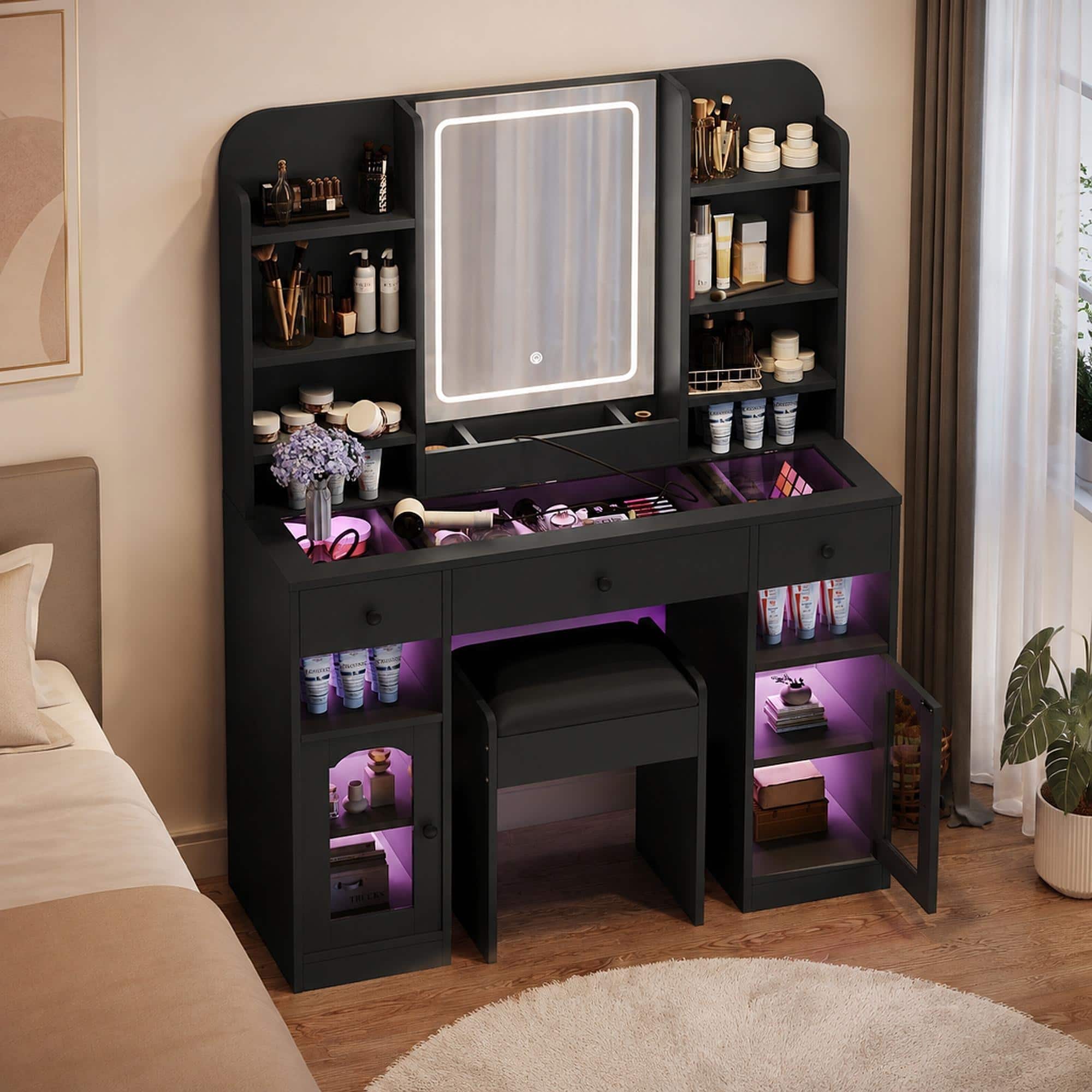 RYHNUYNE - 43.2 in Vanity Desk, LED Mirror, 3 Drawers, Glass Top, RGB Cabinets, Stool, Makeup Table - Black