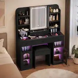 RYHNUYNE - 43.2 in Vanity Desk, LED Mirror, 3 Drawers, Glass Top, RGB Cabinets, Stool, Makeup Table - Black