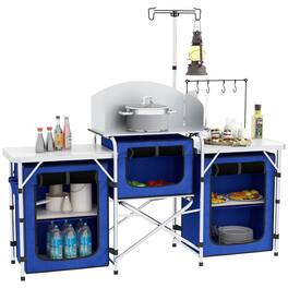 Outsunny - Camping Kitchen Table, Portable Folding Camp Kitchen, Aluminum Cook Station - Blue