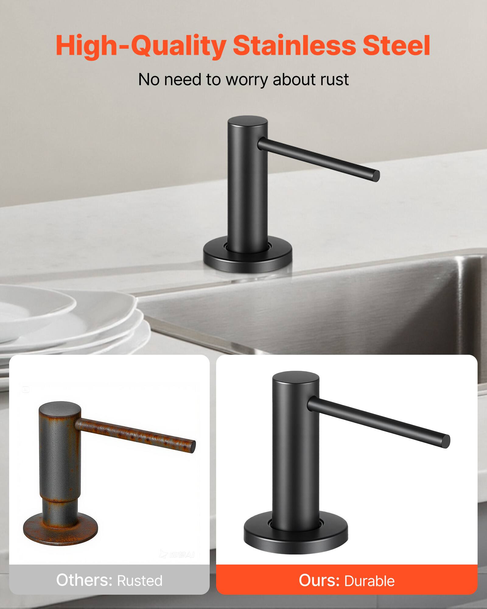 High-Quality Stainless Steel  
No need to worry about rust  

Others: Rusted  
Ours: Durable