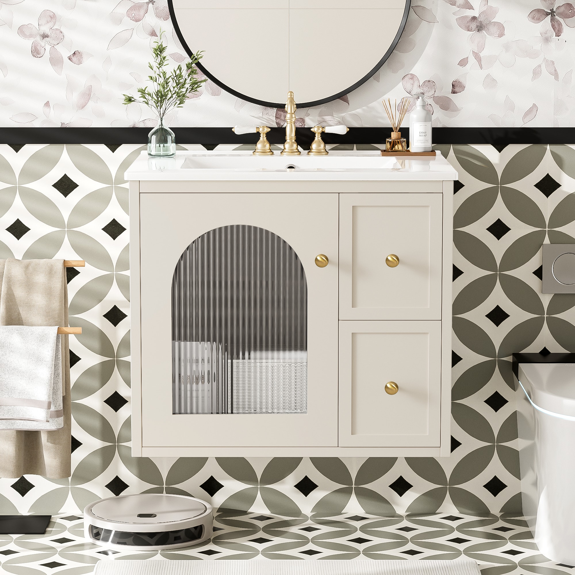 Tiramisubest - 24" Bathroom Vanity Set Wall Mounted for Small Space, Bathroom Cabinet with Ceramic Sink, 2 Drawers - Beige