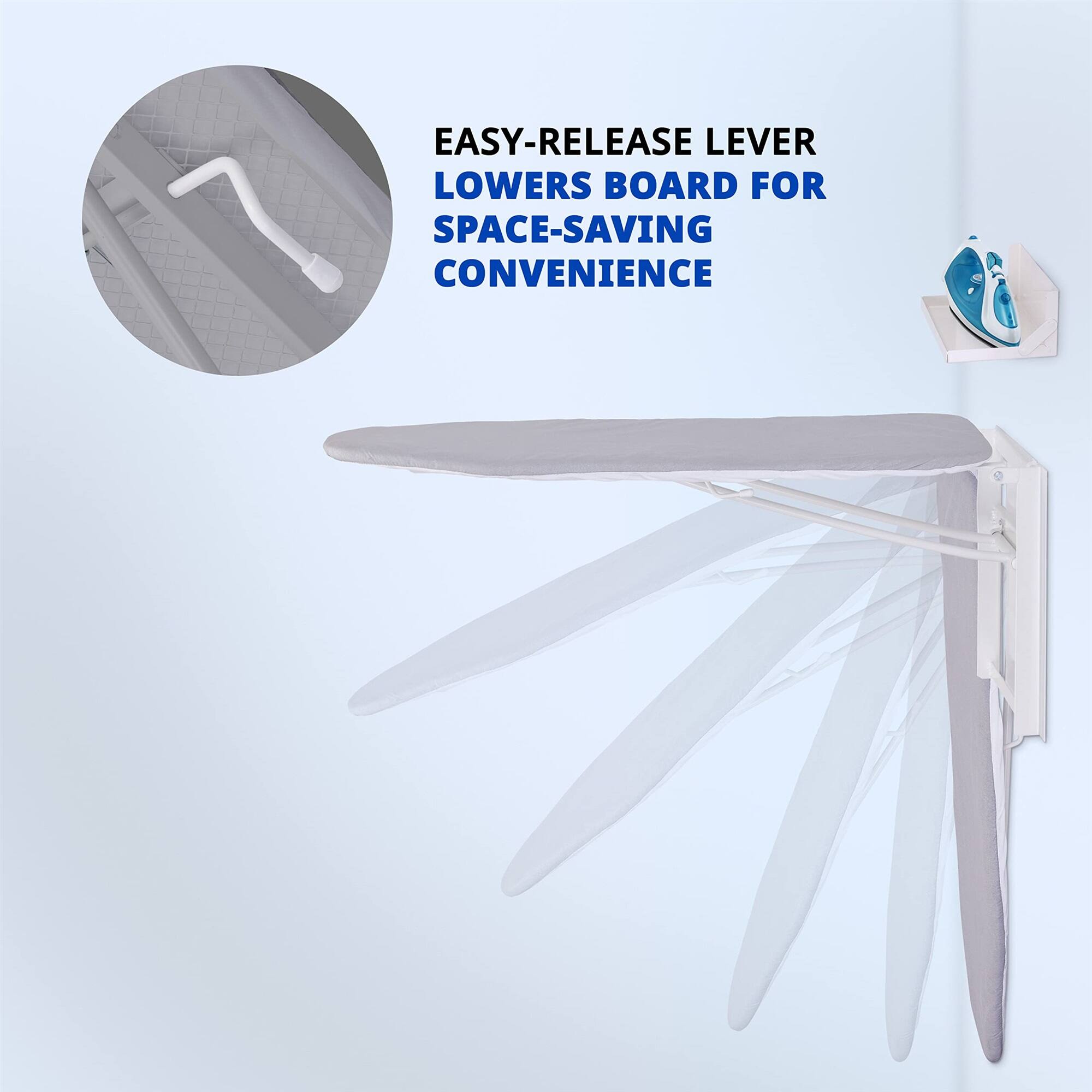 EASY-RELEASE LEVER LOWERS BOARD FOR SPACE-SAVING CONVENIENCE