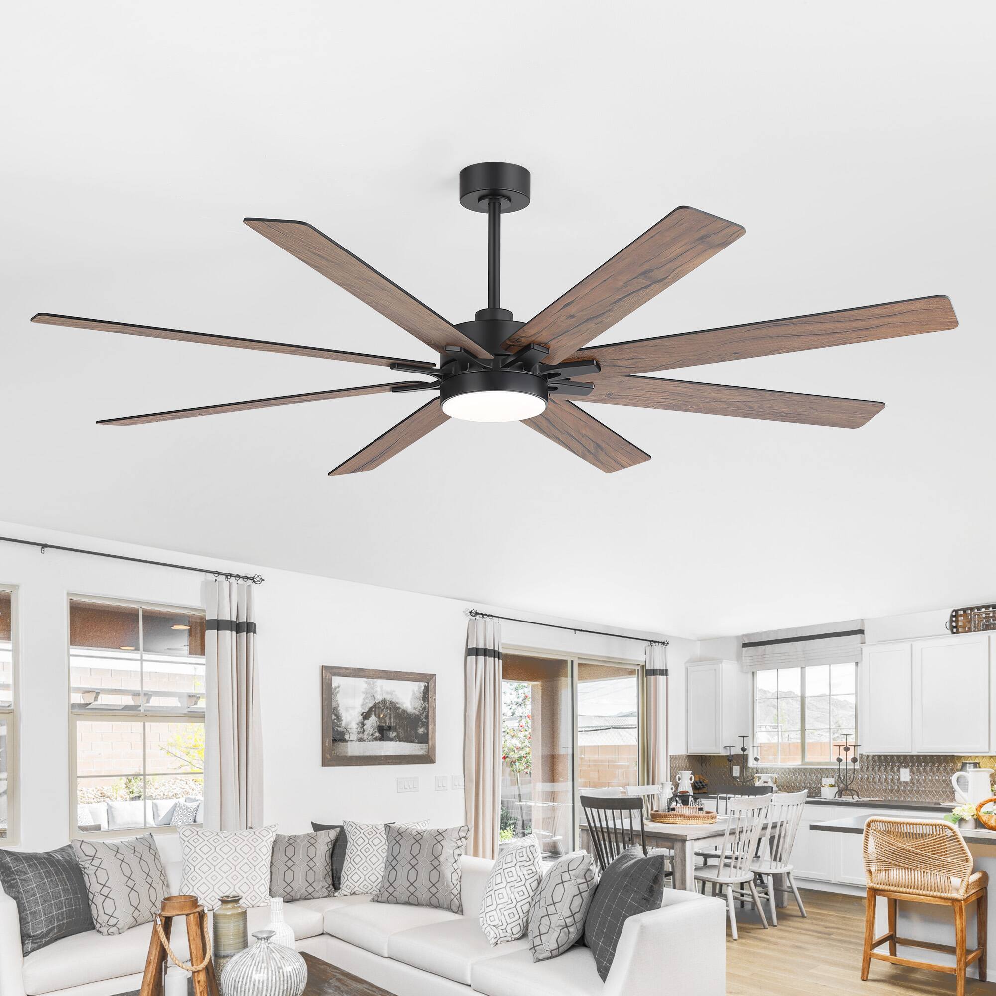 Front. Breezary - 72-Inch LED Ceiling Fan - 8 ABS Blades, 24W LED Light, DC Motor, 6 Speeds, Remote Control, Timer, Downrod Installation - Black & Dark Walnut.