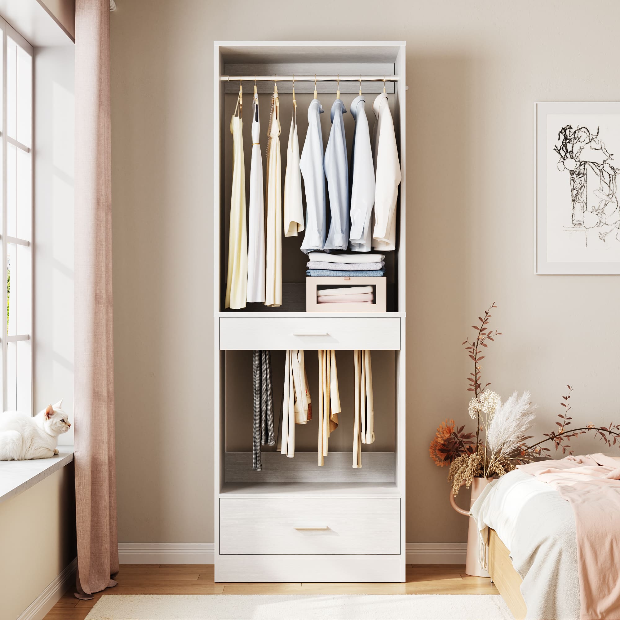 Aheaplus - Walk-in Hanging Closet System, 23.6'' Wide Closet Organizer with 2 Hanging Rods, Pant Rack, and Drawer - White