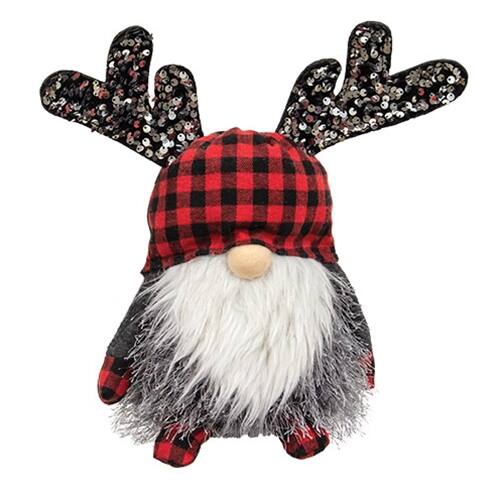 Front. BreeBe - Red & Black Buffalo Check Reindeer Gnome Sitter - Multi.