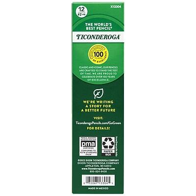 12 #2 HD X13304  
THE WORLD'S BEST PENCIL  
TICONDEROGA  
100% CLASSIC AND KONIC  
OUR PENCILS ARE CRAFTED TO STAND THE TEST OF TIME  
WE ARE PROUD TO CELEBRATE OVER 100 YEARS OF EXCELLENCE  
WE'RE WRITING A STORY FOR A BETTER FUTURE  
VISIT TiconderogaPencils.com/GoGreen FOR DETAILS!  

pma  
CONFORMS TO  
PAPER BOX  
232  
DEEON TICONDEROGA COMPANY  
DEXON TICONDEROGA COMPANY  
ETON, W1 54913  
800-824-9430  
0 72067 1330  
MADE IN MEXICO