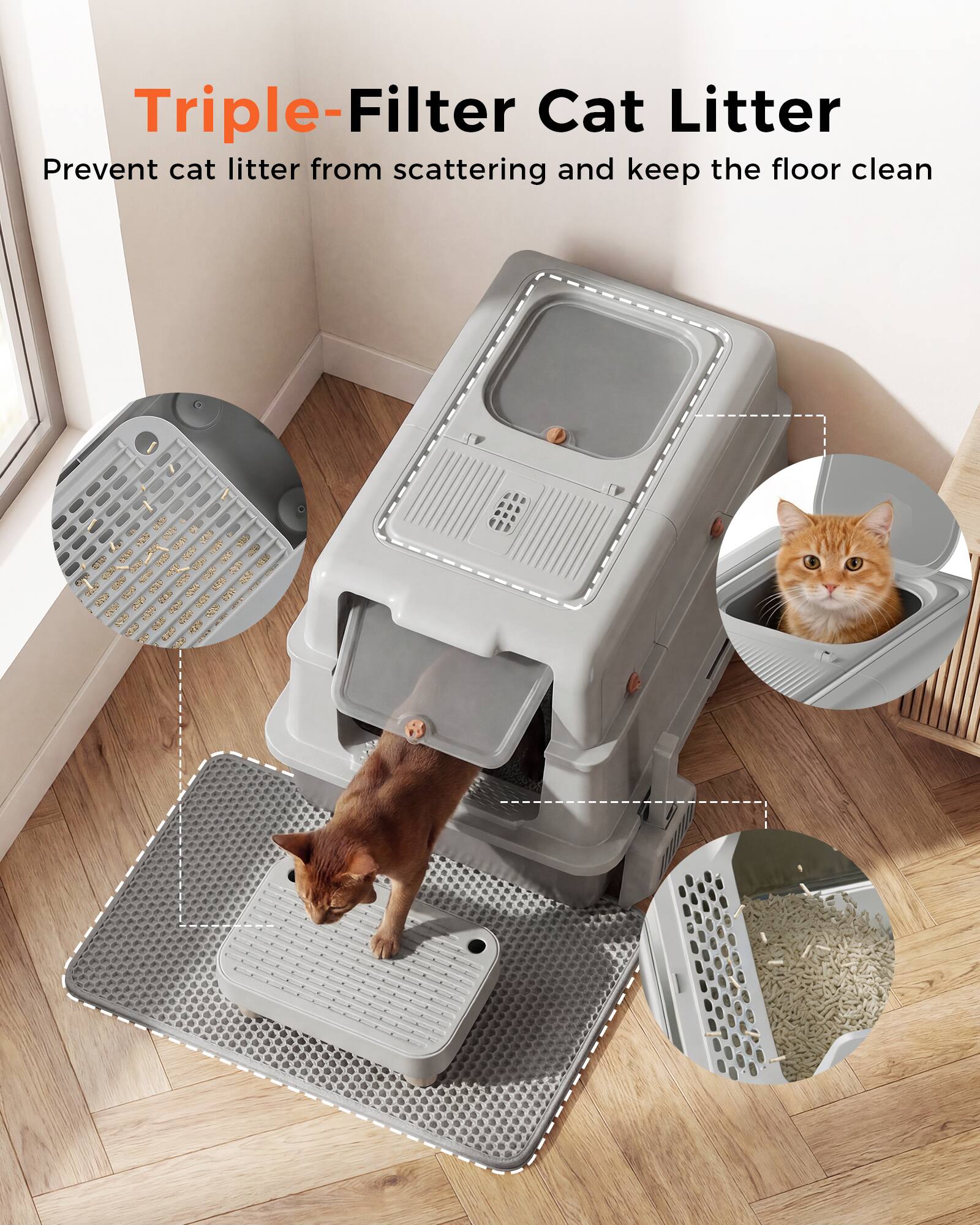 Triple-Filter Cat Litter  
Prevent cat litter from scattering and keep the floor clean