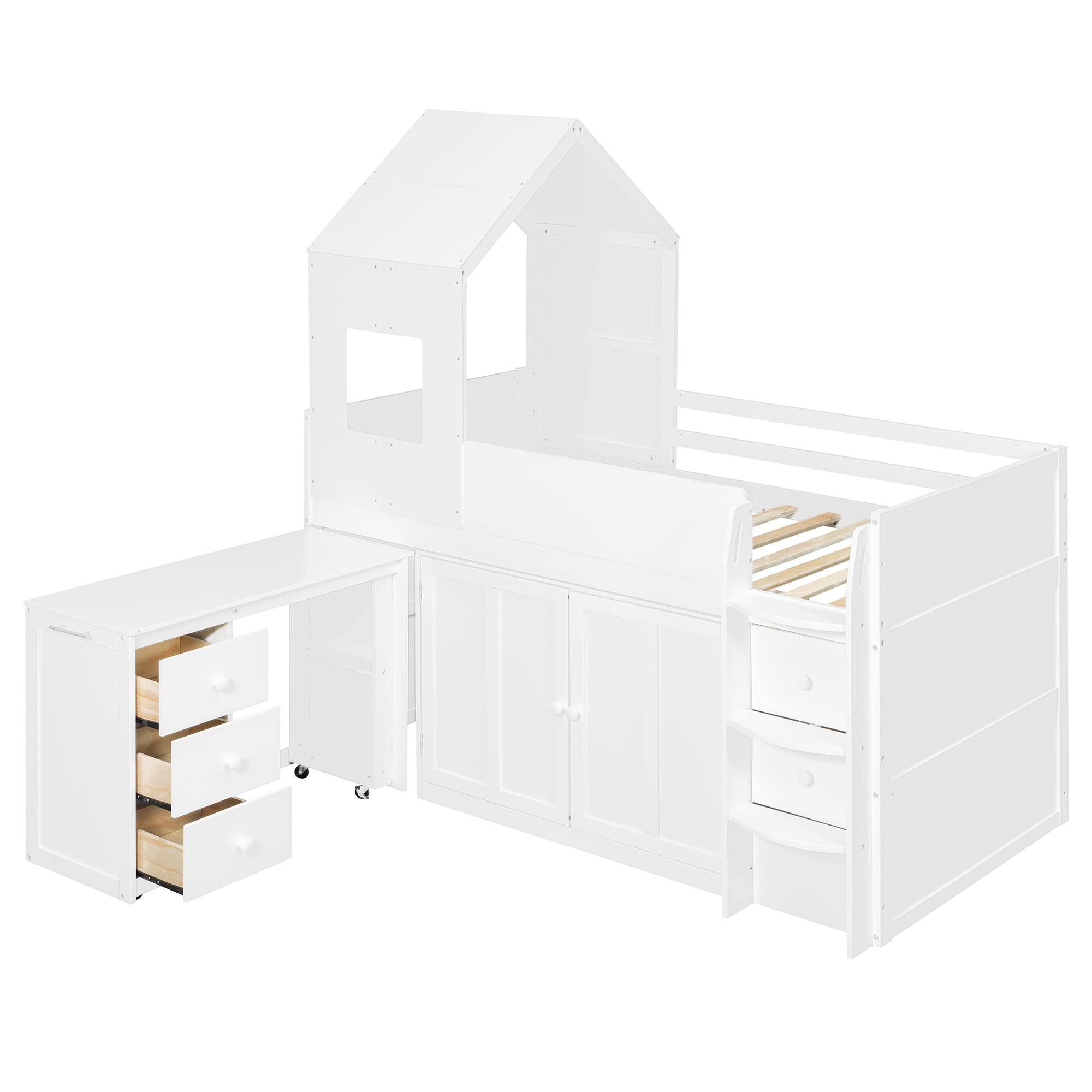 Left. Whisen - Twin Size Wooden Loft Bed with Pull-Out Desk and Cabinets for Kids Bedroom and Study - White.