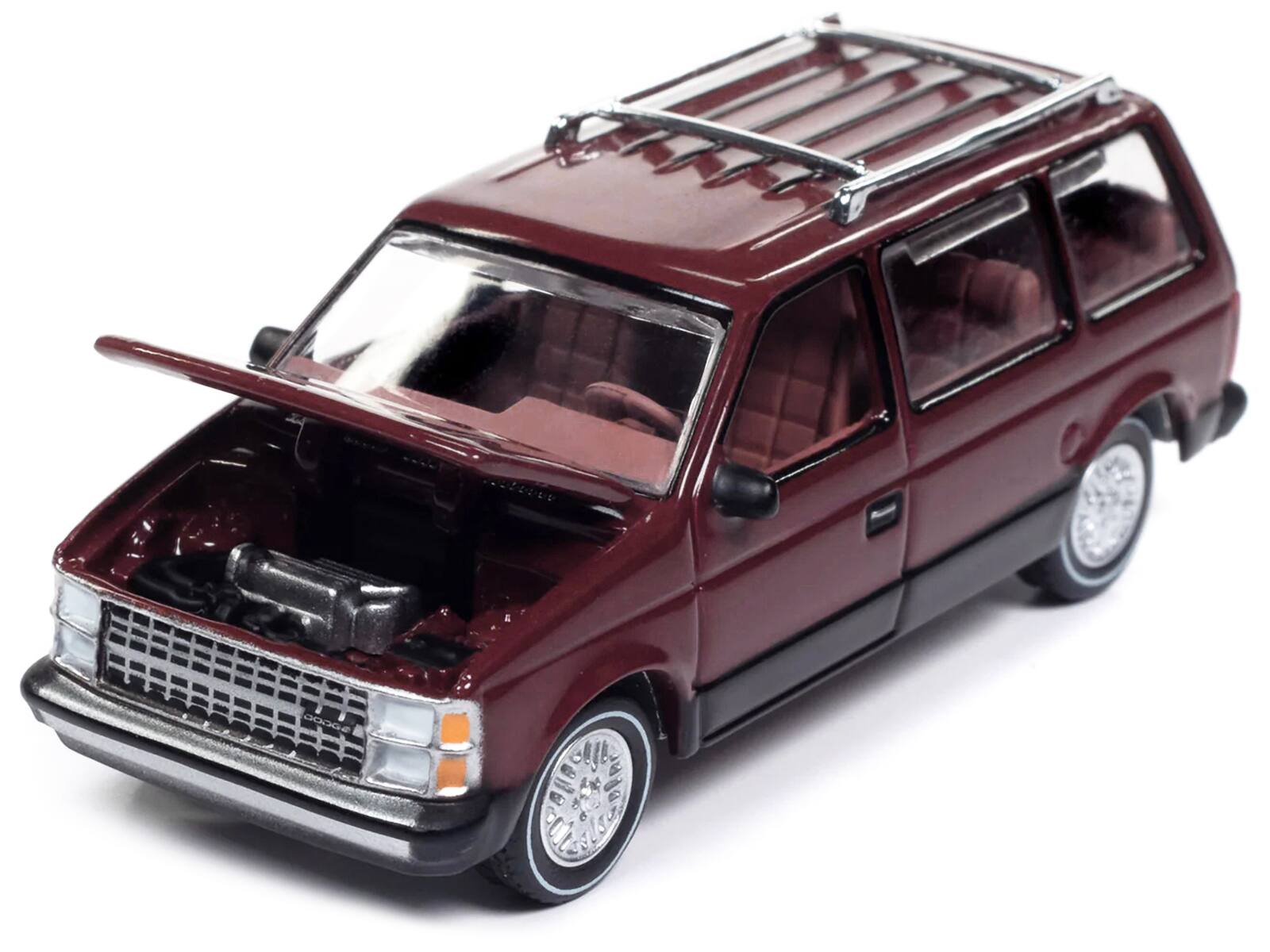 Left. Autoworld - 1985 Dodge Caravan Van Crimson Red and Black "Mighty Minivans" Series 1/64 Diecast Model Car by Auto World - Crimson Red And Black.